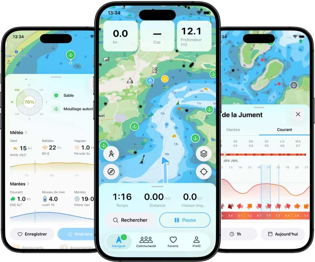 BoatMap app on three phones: navigation, anchorage details and marine weather